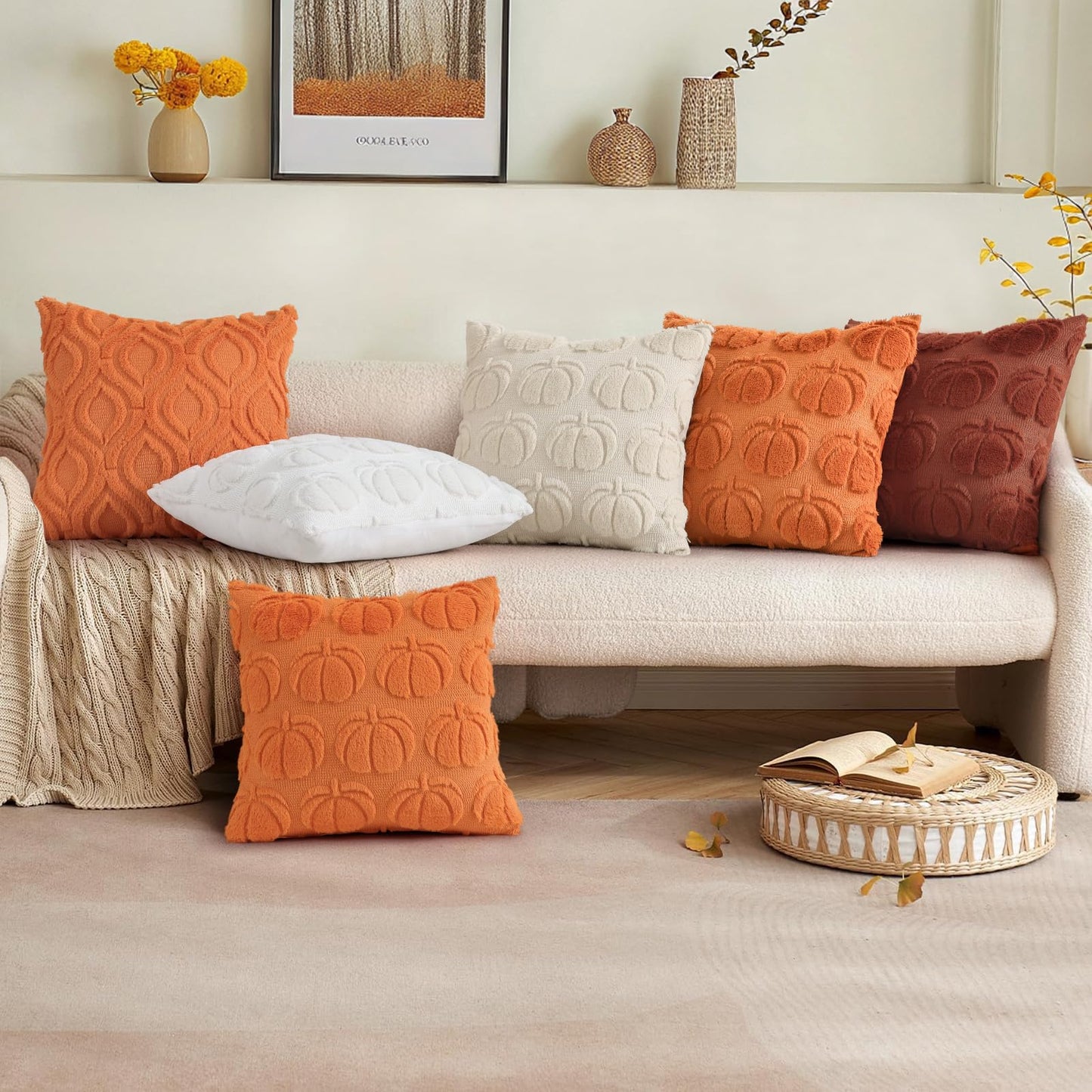decorUhome Throw Pillow Covers 12x20 Inch Set of 2, Soft Plush Faux Wool Orange Solid Couch Pillow Covers, Accent Farmhouse Neutral Rectangle Pillow Cases for Sofa Bed Living Room