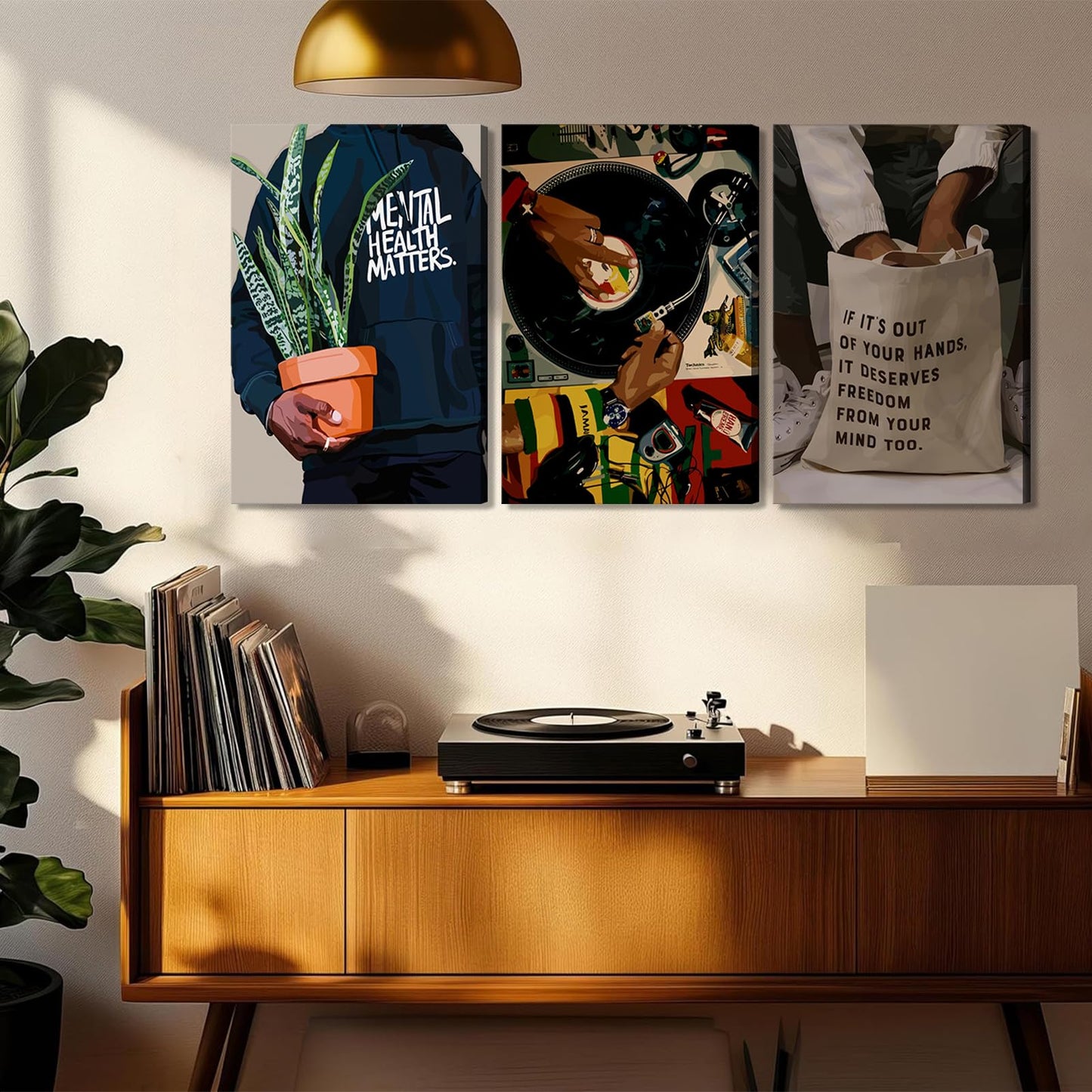 Patto Black Men Canvas Wall Art Set of 3 Fashion African American Black Man Prints Record Music DJ Painting Pictures Wall Decor Mental Health Artwork for Living Room Bedroom Decoration 12x16in