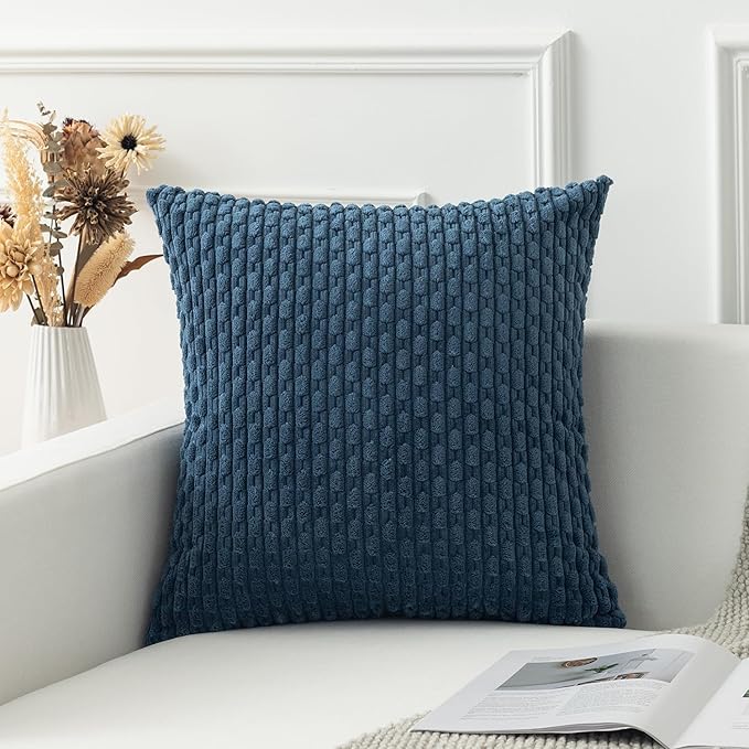 Kevin Textile Pack of 2 Blue Corduroy Decorative Throw Pillow Covers 16x16 Inch Soft Boho Striped Pillow Covers Modern Farmhouse Home Decor for Autumn Sofa Living Room Couch Bed