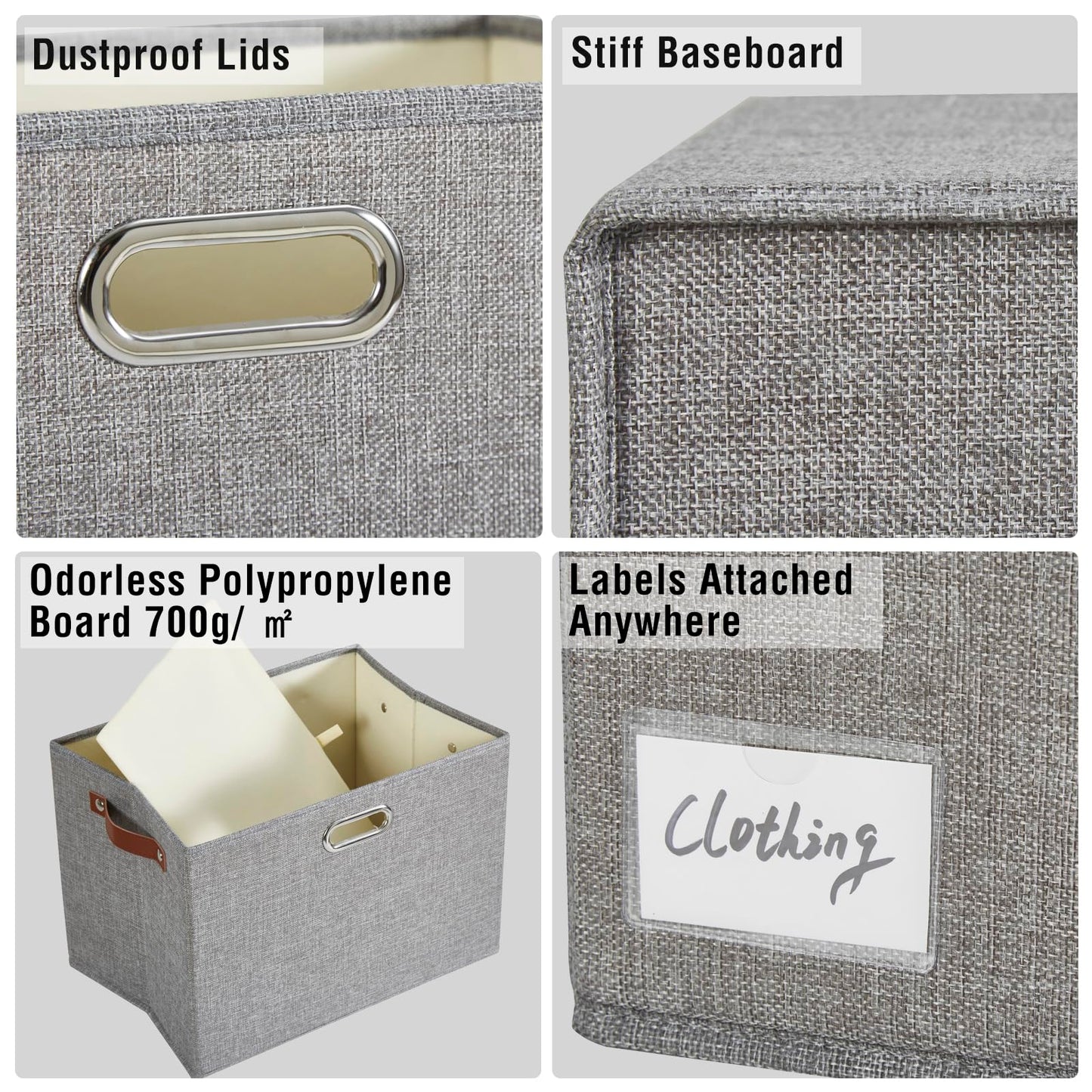Roobyl 17" Large Collapsible Storage Bins with Lids, Stackable Closet Organizers with PU Handle and Labels, 3-Pack Decorative Fabric Storage Boxes for Home, Bedroom, Closet, Office, Nursery(Gray)