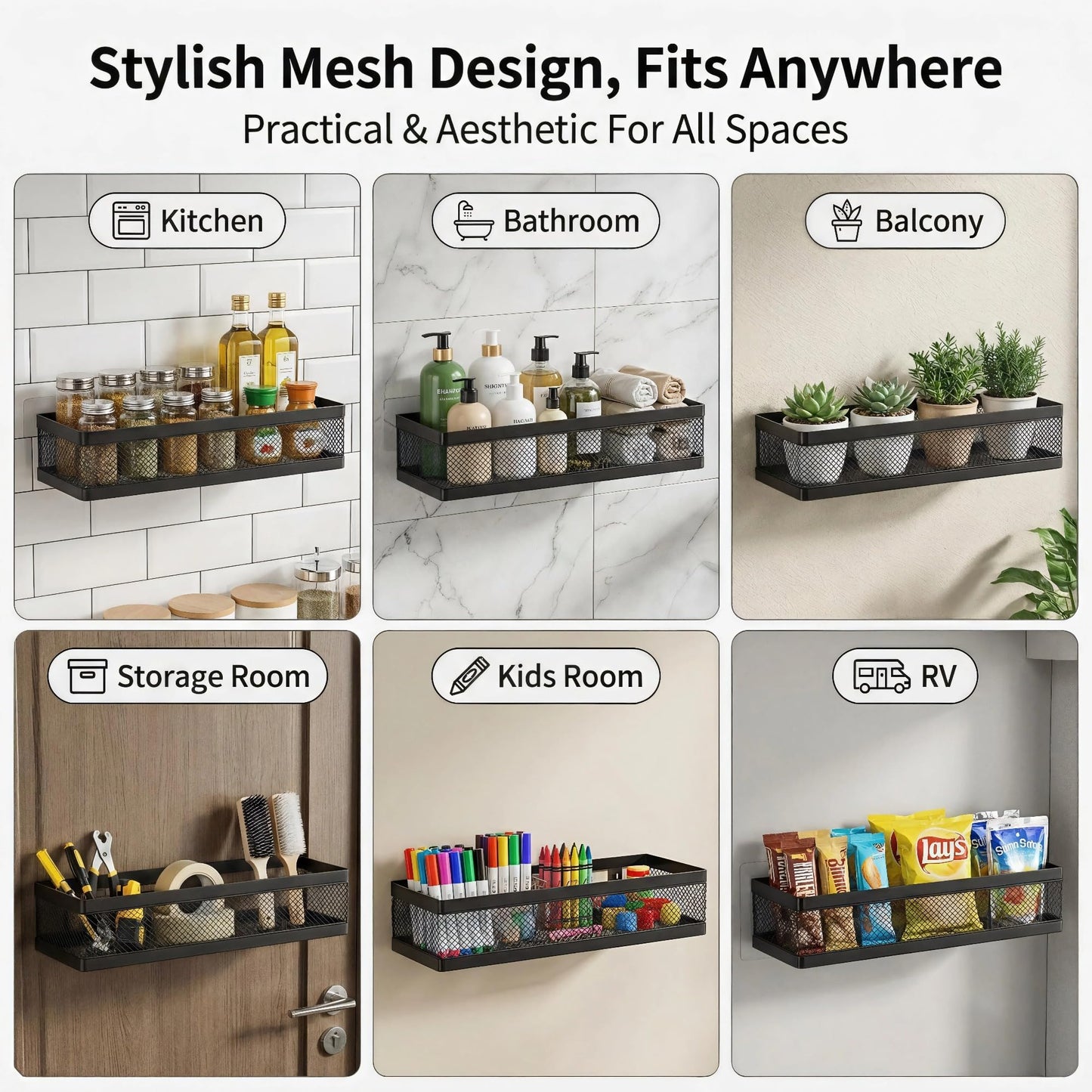 PUSDON 16.5-Inch Extra Long Slim Mesh Shower Caddy, Wall Mounted Bathroom Organizer with Adhesive, Heavy Duty Rustproof Shelf for Narrow Kitchen Pantry & RV, Holds 50 LBS 2-Pack - Matte Black Netting