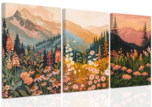 Boho Colorful Watercolor Mountain Canvas Wall Art Set of 3, Wildflower Posters Wall Decor, Abstract Nature Landscape Artwork Paintings Picture Print for Living Room Bedroom Office 12x16 Inch Framed