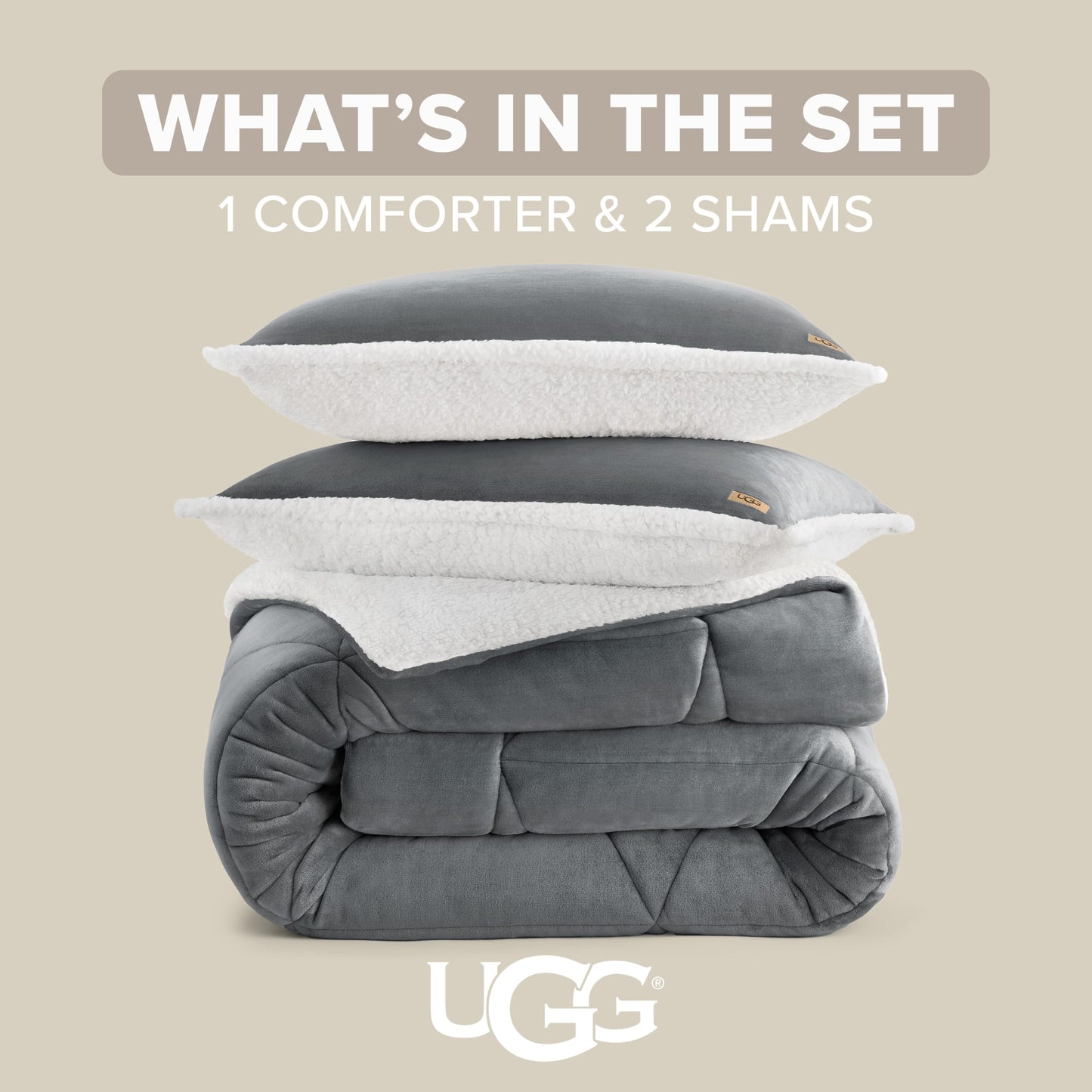 UGG Nita Full/Queen Comforter Set with 2 Pillow Shams Plush Down Alternative Bedding, Soft Warm Fluffy Comforter, Hypoallergenic & Breathable, Reversible 3 Piece Bed Set, Full/Queen, Seal Grey