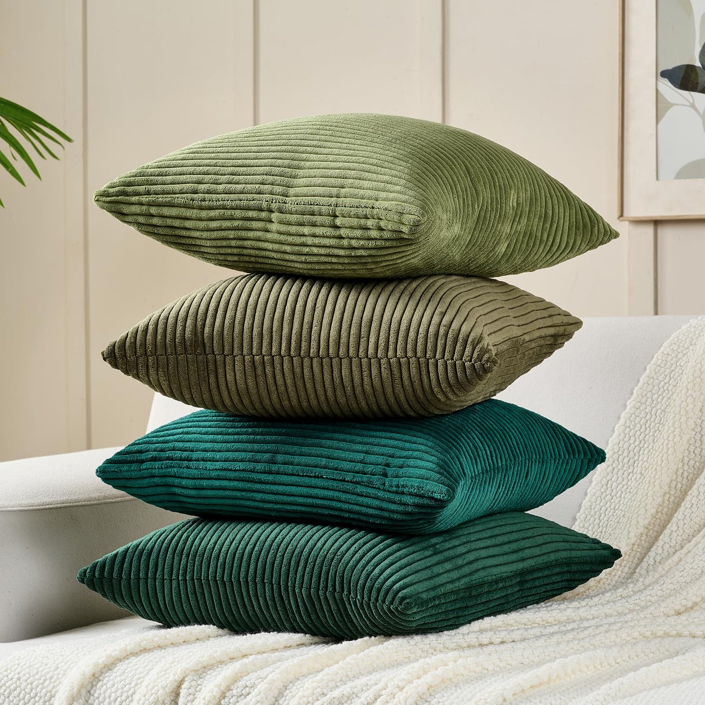 Volcanics Set of 4 Dark Green Corduroy Decorative Couch Throw Pillow Covers 18x18 Inch, Soft Modern Boho Striped Accent Cushion Cases for Home Sofa, Rustic Home Decor