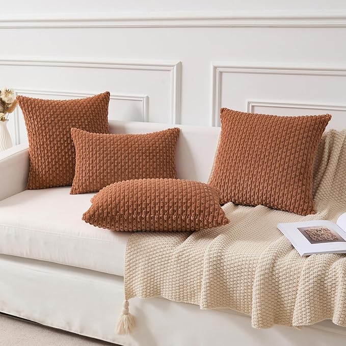 Kevin Textile Decorative Pillow Covers Set of 2 Striped Plush Corduroy Rectangle Lumbars Boho Home Decor Cushion Covers for Couch Sofa Bed Living Room 12x20 Inch, Burnt Orange