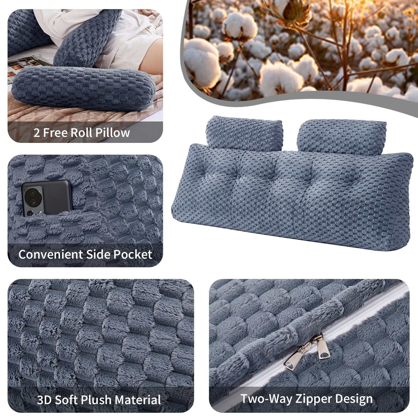 Wedge Headboard Pillow Queen- Bed Wedge Pillow for Headboard Triangular Headboard Pillow with Neck Roll Pillow-Large Bolster for Sitting in Bed Backrest Positioning Support (Grey,59x8x20 Inches)