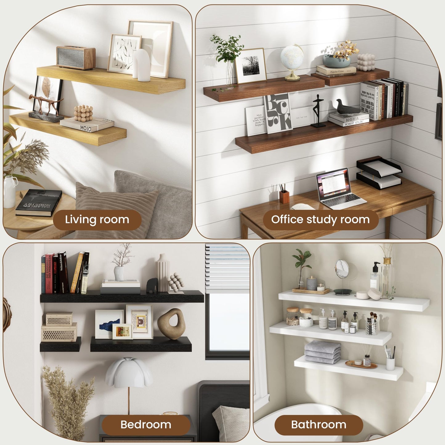 30 Inch Floating Shelves for Wall, 8 Inch Deep Floating Shelf for Storage & Display, Wall Mounted Shelf with Invisible Brackets for Living Room, Kitchen, Bathroom, Home Decor, Set of 2, Rustic Brown