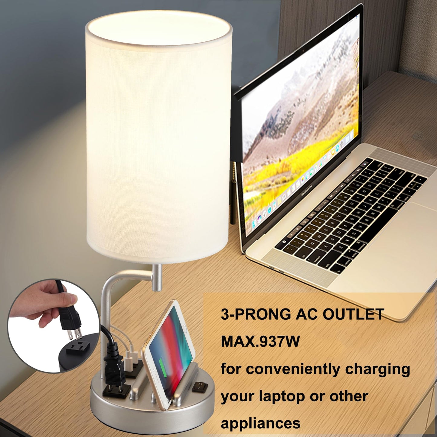 Dreamholder Table Lamp with 3 USB Charging Ports, Modern Desk Lamp with AC Outlet and Phone Stands, Perfect Bedside Lamp for Bedroom, Living Room, Office (Pack of 2), Silver