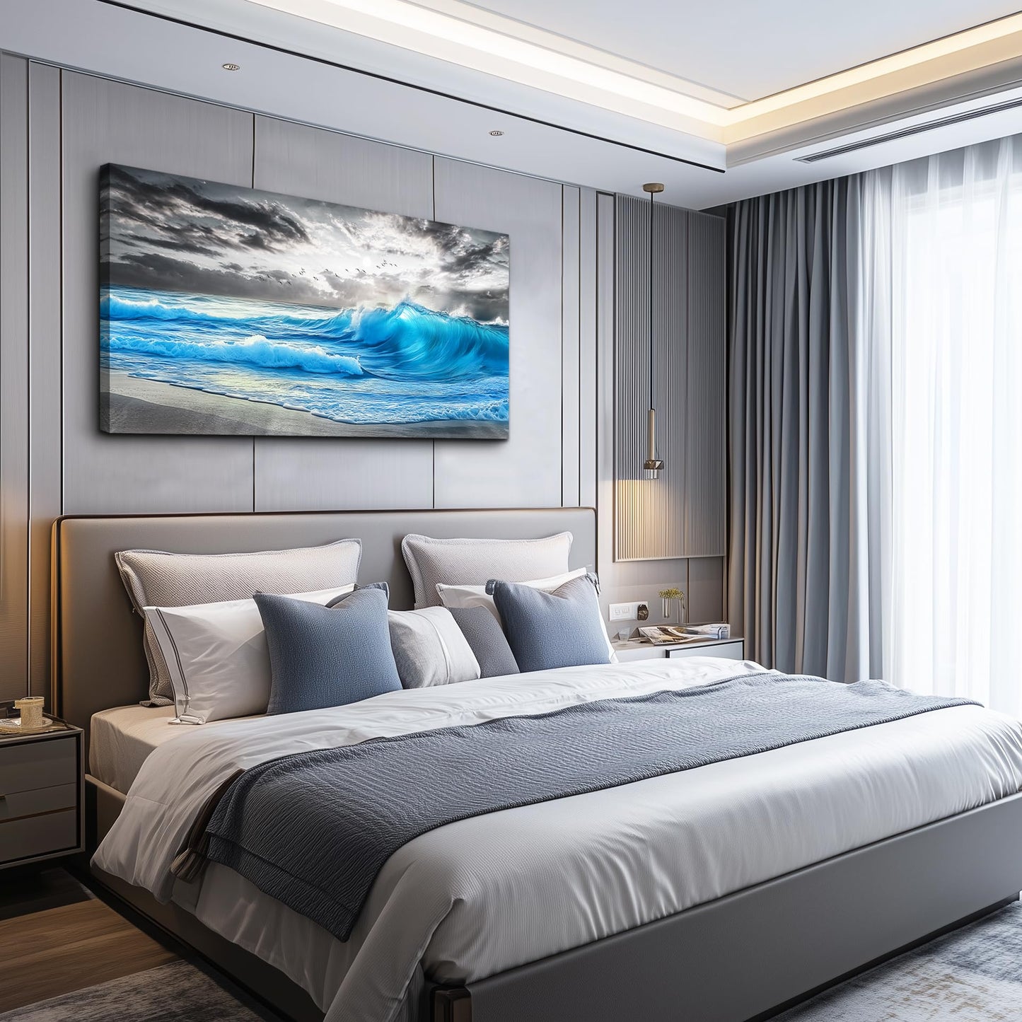 PHAOHUAXM Large Canvas Beach Wall Pictures Wall Decor For Living Room Wall Art For Bedroom Office Decorations Blue Sea Wave Ocean Painting Printing Artworks Modern Restaurant Home Decor 20x40 In