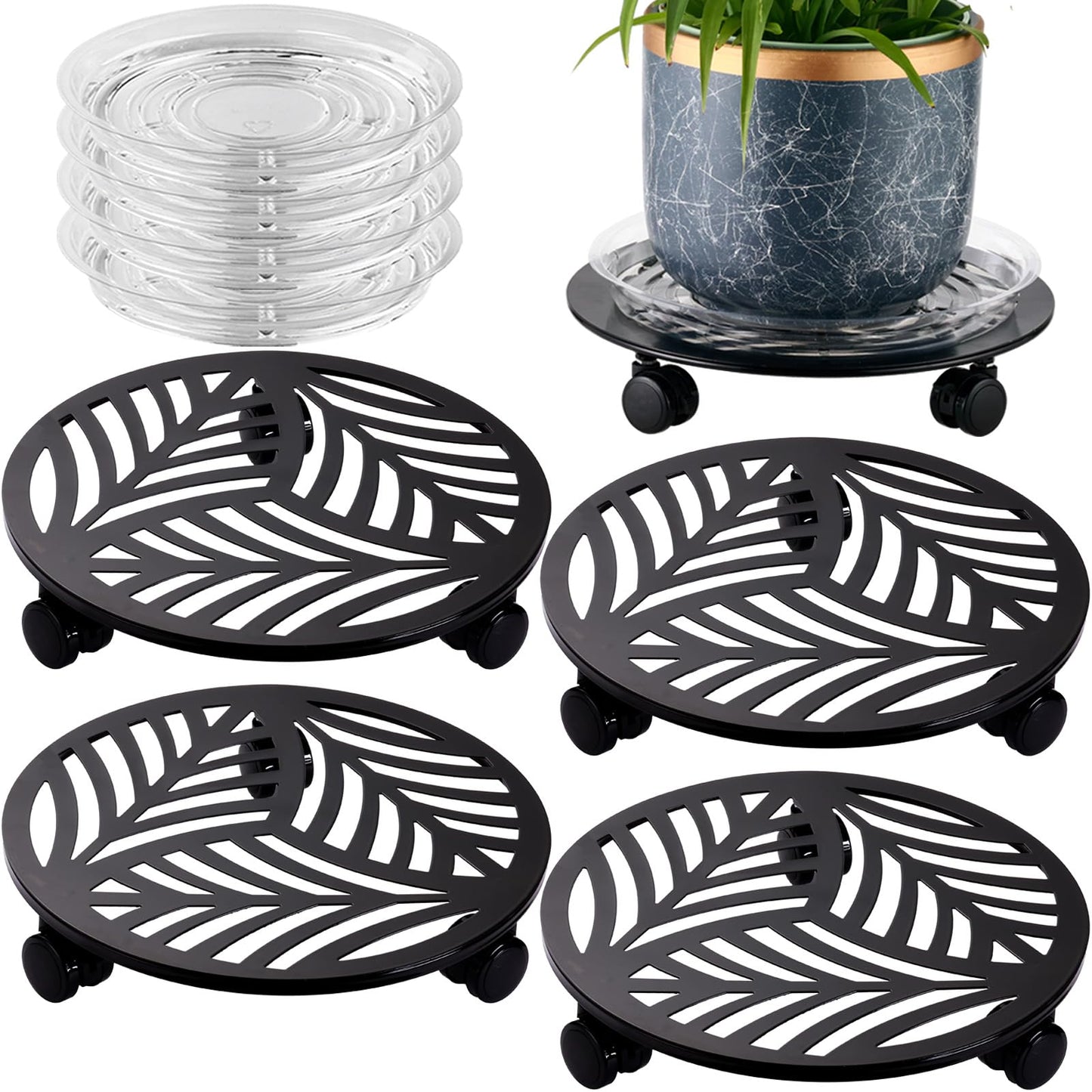 4 Packs Large Metal Plant Caddy with 3 PU Wheels 12" Heavy-Duty Wrought Iron Rolling Plant Stands Indoor Outdoor Wheeled Plant Dolly Planter Mover Rollers Plant Trolley Cart, Plant Saucers Included