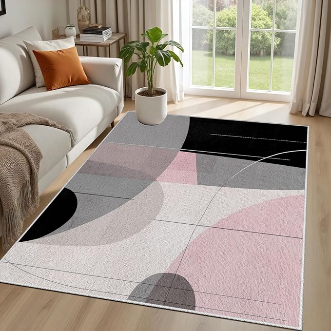 Abstract Art Line Living Room Area Rugs 6x9, Modern Boho Geometric Print Rug, Minimalist Washable Non Slip Neutral Soft Carpet for Bedroom, Dining Room Office Playroom, Black Gray