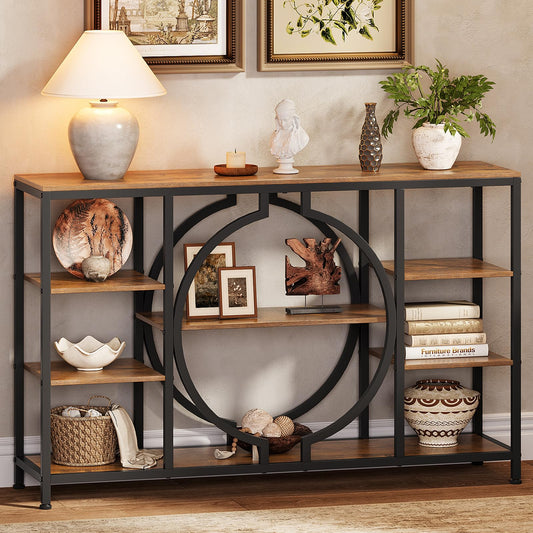 GiftGo 47" Industrial Console Tables for Entryway Rustic Sofa Table Behind Couch 4 Tier Wooden Shelves Entry Table with Storage for Foyer, Hallway, Front Door,Living Room (Rustic Brown, 47")