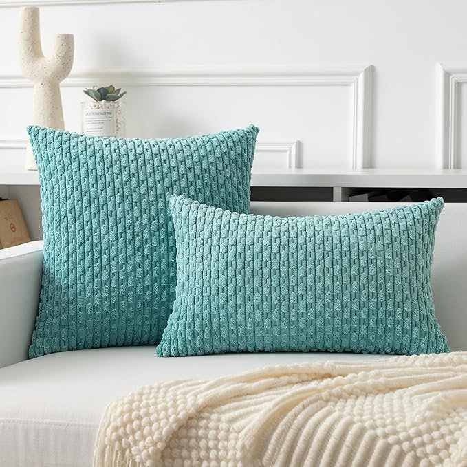 Kevin Textile Throw Pillow Covers Soft Corduroy Decorative Set of 2 Boho Striped Pillow Covers Pillowcases Farmhouse Home Decor for Couch Bed Sofa Living Room 20x20 Inch Aqua Green