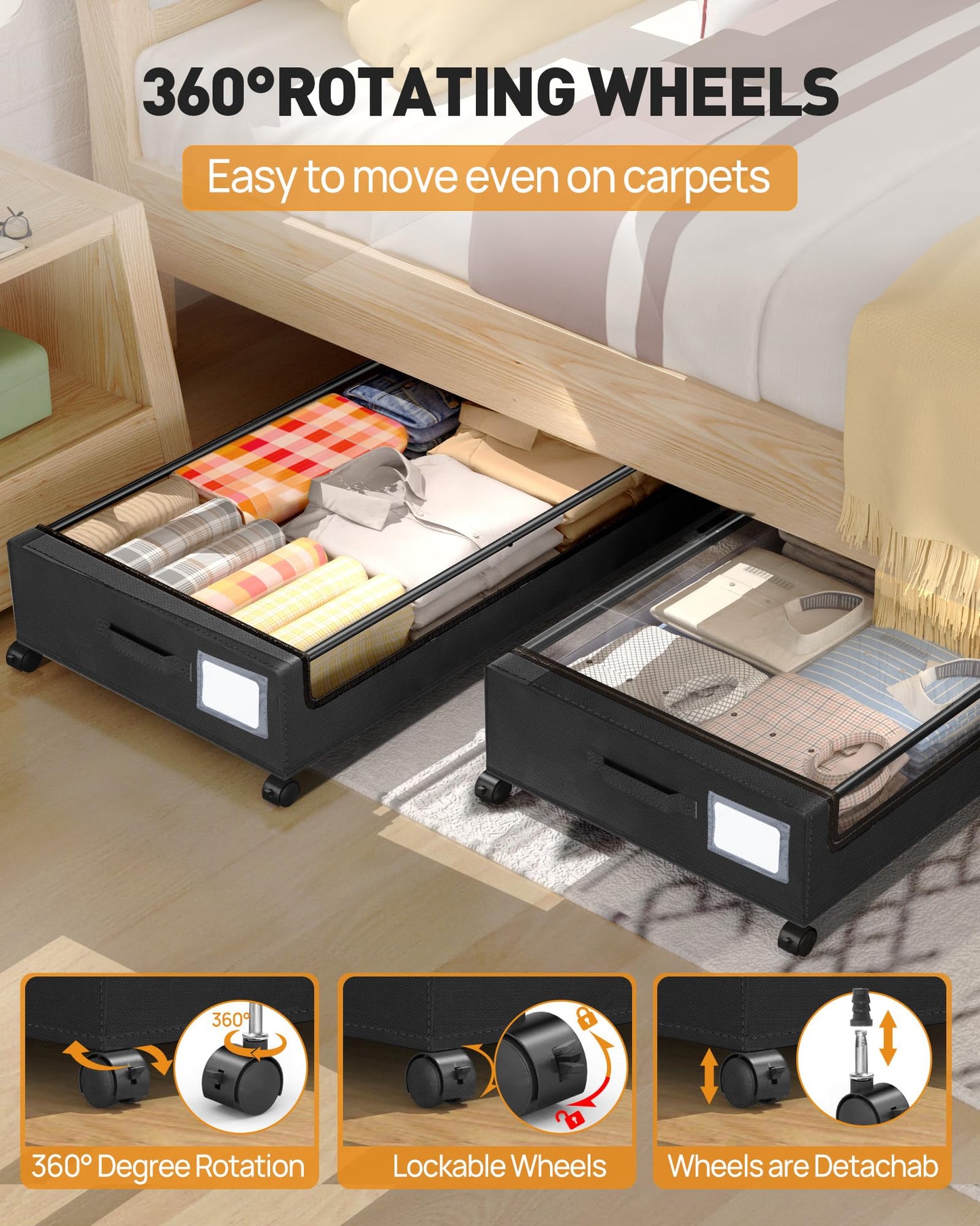 YEEBONIX Under Bed Storage With Wheels, 2 Pack Square Containers, 60L Bins, Rolling Metal Drawer for Clothes, Blankets, Shoes