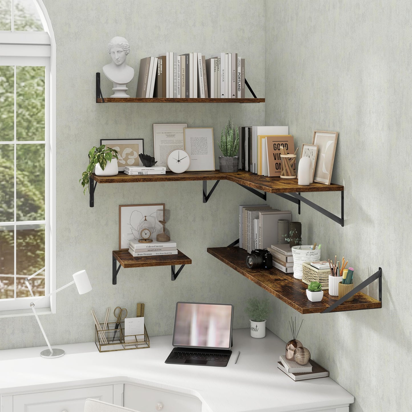 Acovy Deep Floating Shelves Wall Mounted, 16"x12" Brown Wood Shelves with Brackets Set of 2 for Bedroom, Living Room, Bathroom, Kitchen, Office - Storage & Display Shelf for Decor, Books, Plants