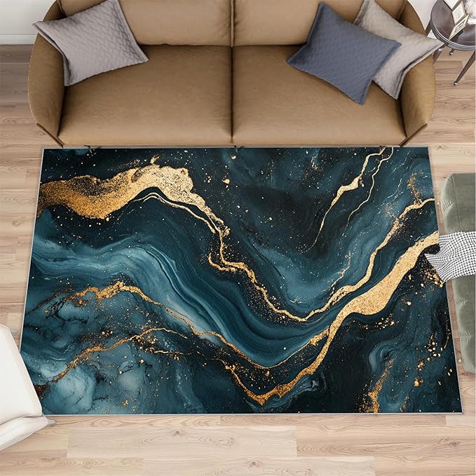Marble Washable Area Rugs 6x9 Non-Slip Fluid Art Living Room Rug Gold Lines Soft for Carpet Low Pile Indoor Door Mat & Room Decor