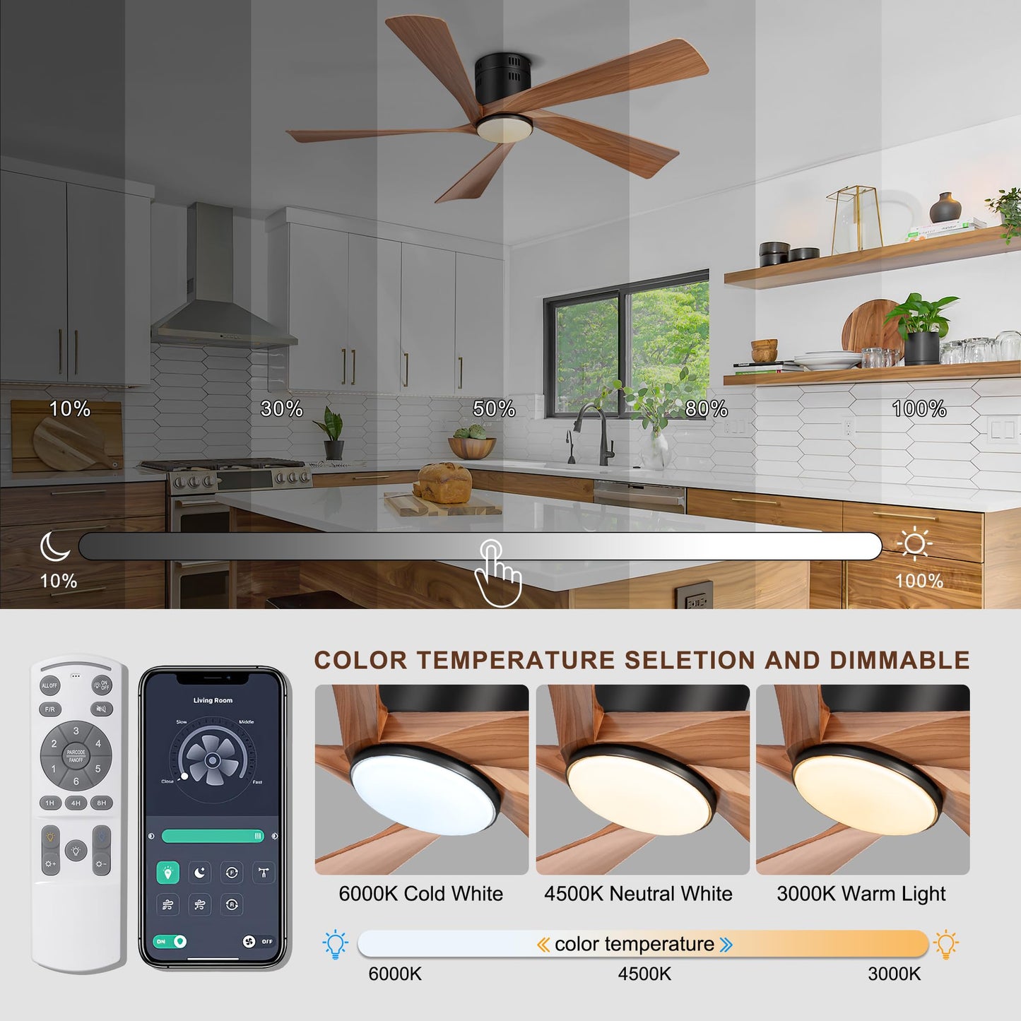 Ohniyou 52” Flush Mount Farmhouse Ceiling Fan with Lights, Remote & APP Control Low Profile Indoor Outdoor Ceiling Fans, Dimmable, Quiet DC Motor, Reversible, Black+Wood Color