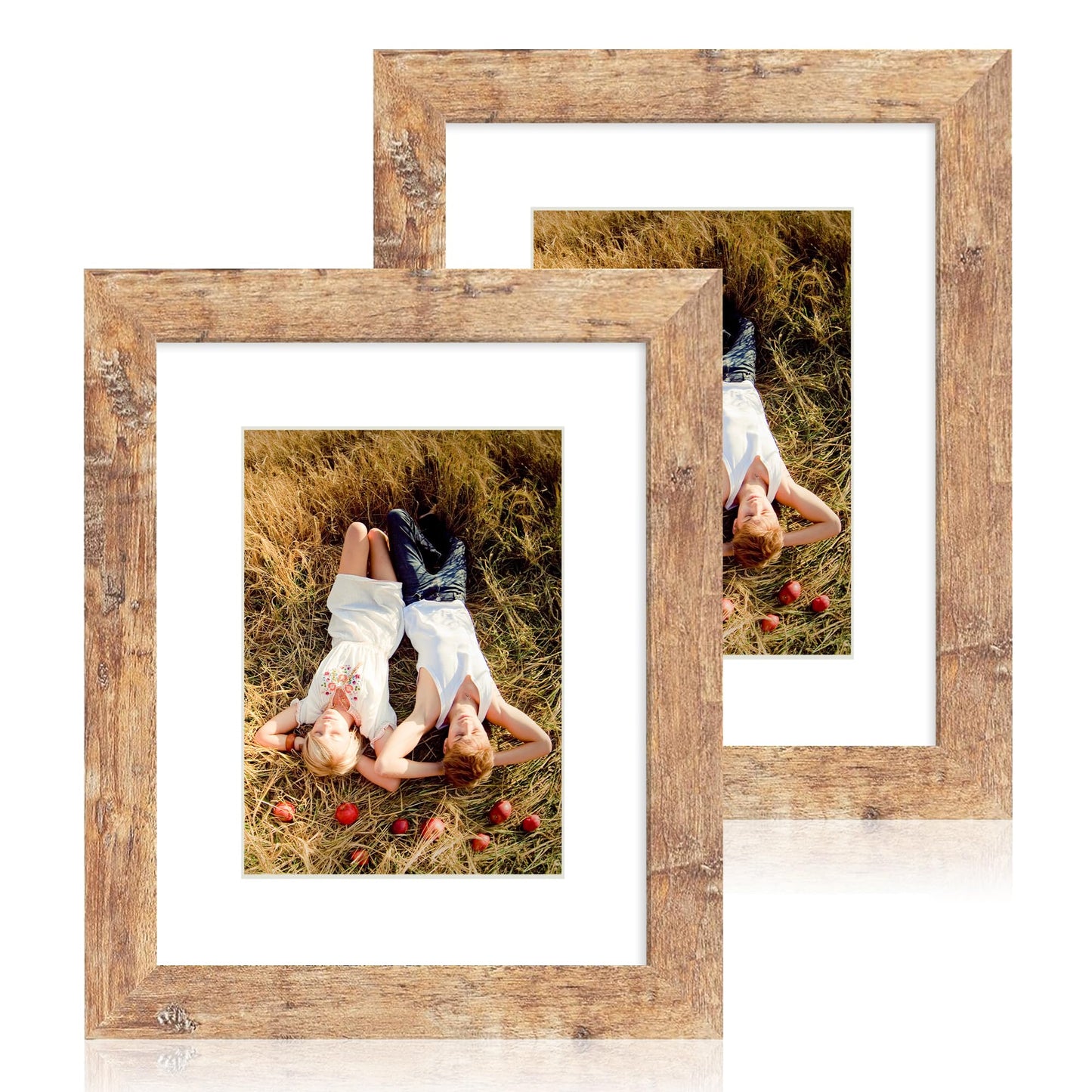 iRahmen 8x10 Picture Frame Set of 2, High Definition Real Glass Rustic Brown Wood Frame, Display Pictures 5x7 with Mat or 8 x 10 Without Mat for Tabletop or Wall Mounting