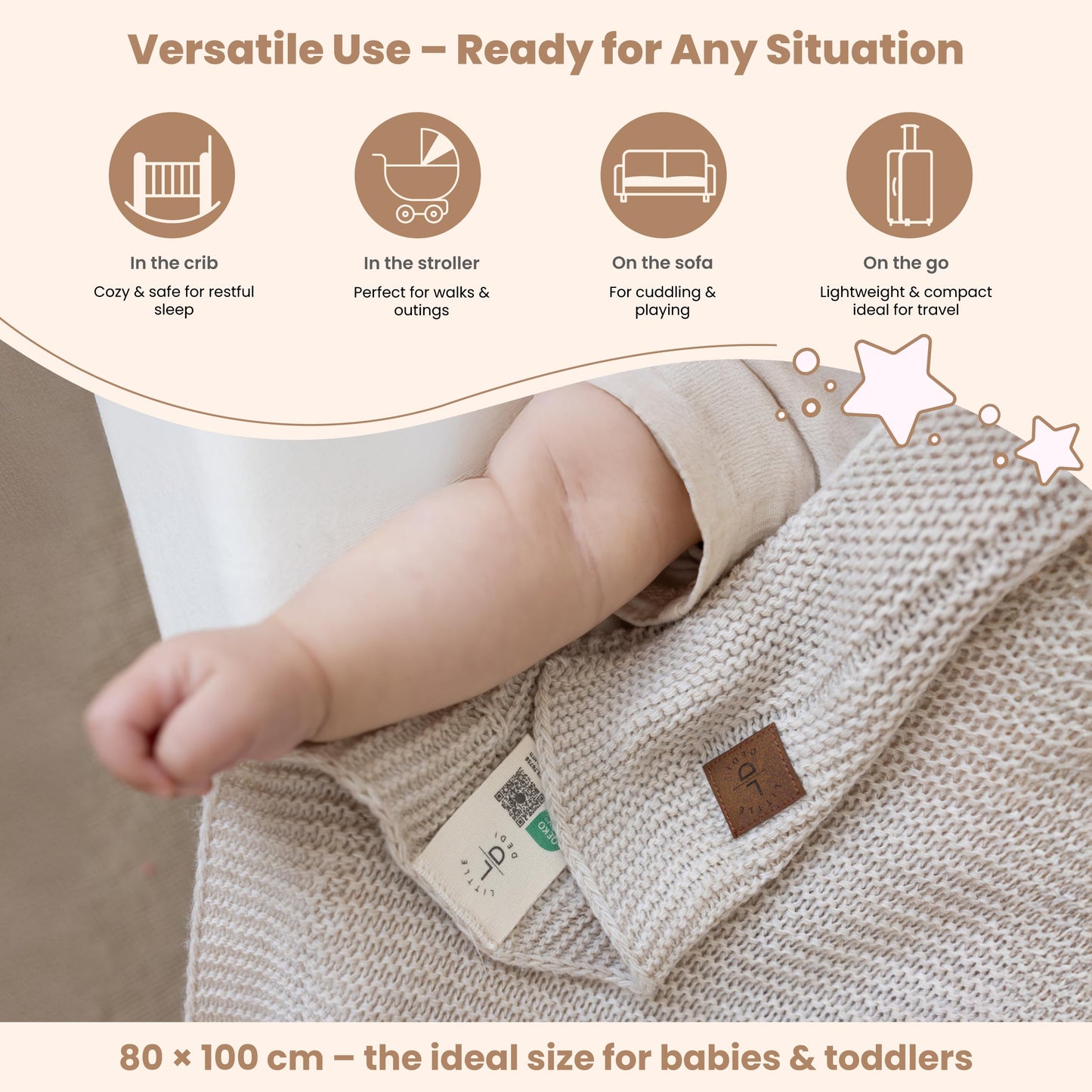 Little Dedi Soft Knit Baby Blanket 30x40 in, Stone – Oeko-Tex Certified, Breathable Swaddle & Receiving Blanket for Newborns, Crib & Stroller, Machine Washable