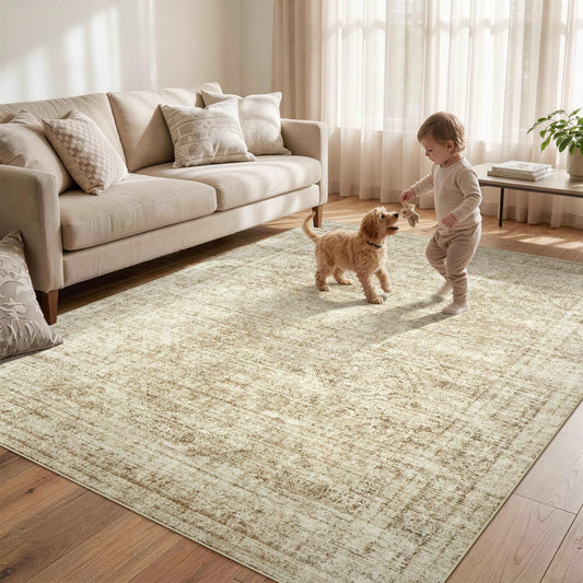 LEDODO 5x7 Area Rug for Living Room, Washable Area Rug for Bedroom, Vintage Boho Carpet with Stain Resistant Low Pile, Non-Slip Beige Rug for Dining Room, Home Office
