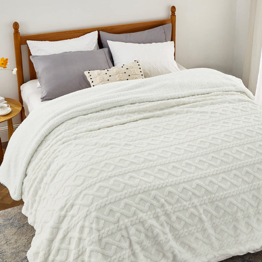 Bedsure Gentlesoft Sherpa Queen Size Blanket for Bed - Fleece Fluffy & Cozy Cable Jacquard Tufted for Women Gift, Thick and Warm Christmas Blanket for Winter, Cream, 90x90 Inches