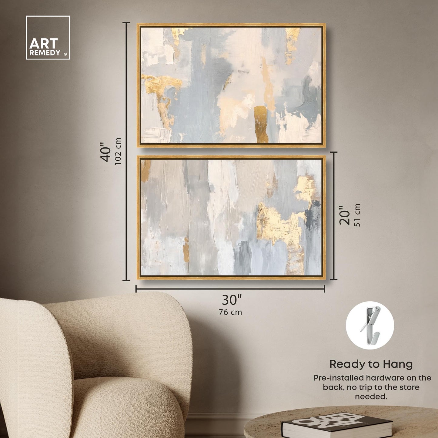 Neutral Luxe Living Canvas Print Wall Art Set of 2 by Art Remedy, Gold Frame, 30 x 20