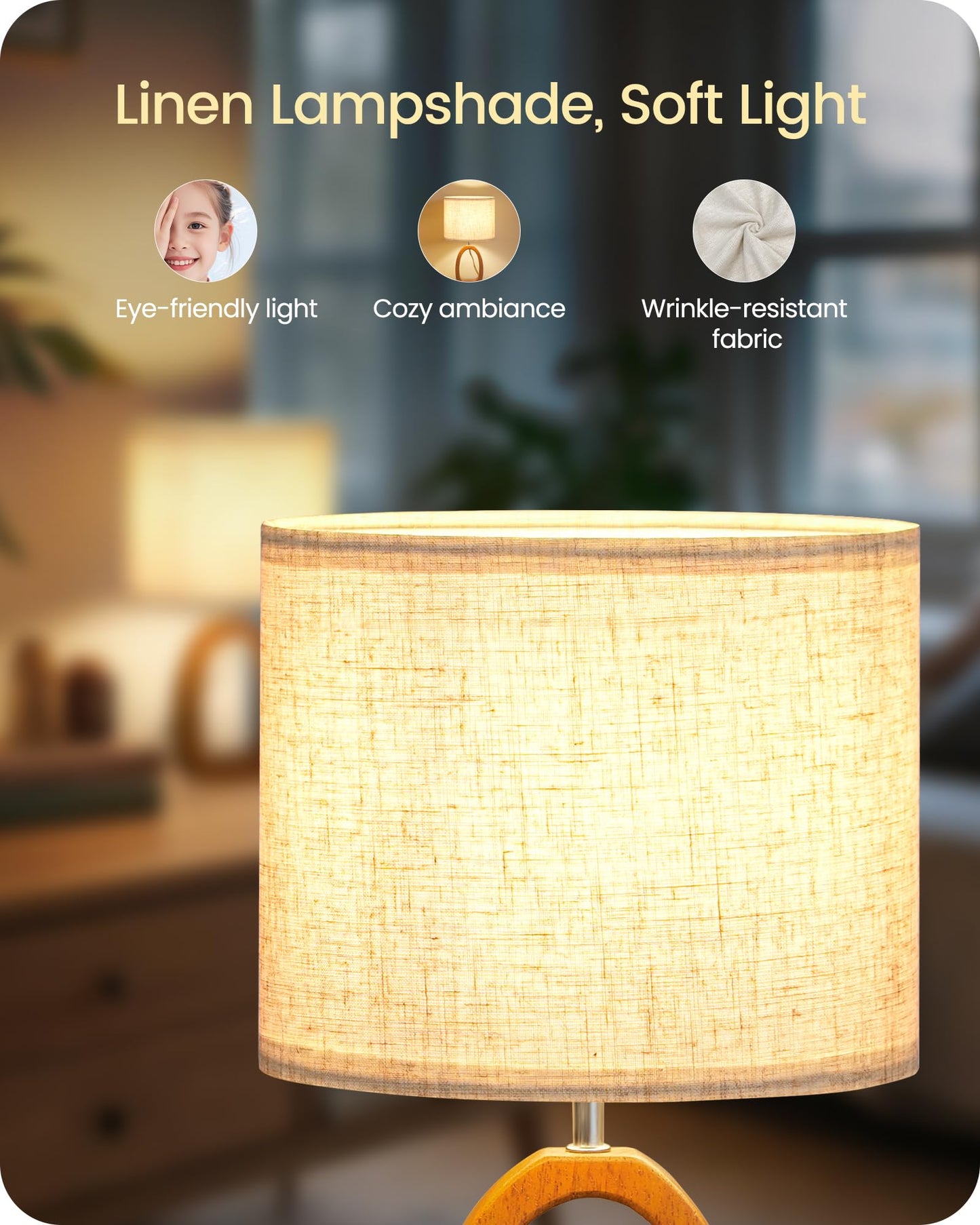 GOEBLESON Small Table Lamp, 14.2" Cute Little Desk Lamp, Wood Bedside Lamp with Linen Lampshade, Modern Nightstand Lamp for Bedroom, E26 Base, Bulb Not Included, Beige and Dark Natural LE07TL05