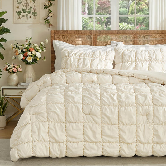 Amélie Home Luxury Queen Comforter Set, Bubble Textured Microfiber Bedding, Oeko-TEX Certified, All-Season Farmhouse Comforter with 2 Pillowcases, Beige