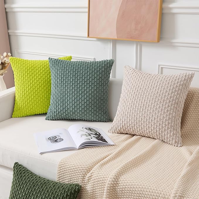 Kevin Textile Decorative Pillow Covers Set of 2 Striped Plush Corduroy Pillows Pillowcases Boho Home Decor Cushion Covers for Couch Sofa Bed Living Room 16x16 Inch, Christmas Green