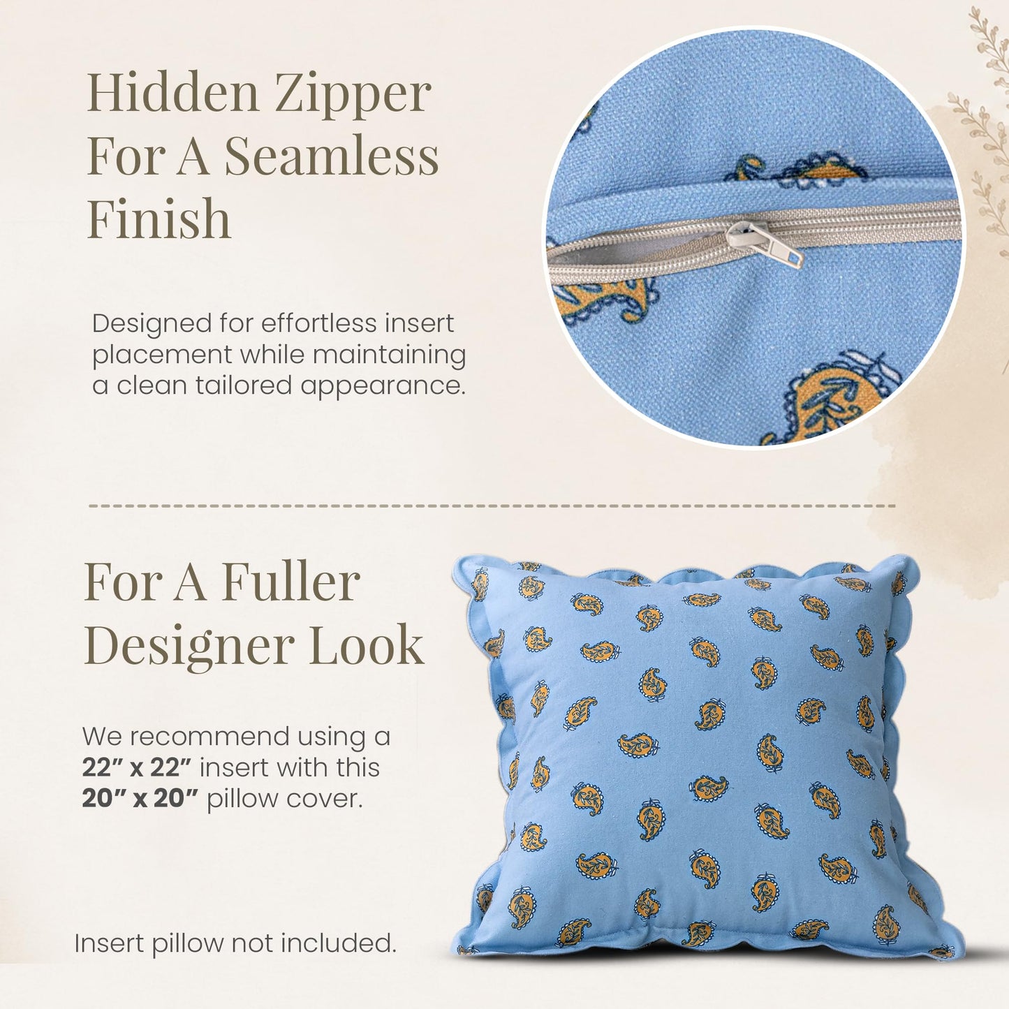 DrapePalette - Scalloped Throw Pillow Covers with Block Print Floral Patterns and Hidden Zipper - Blue Paisley, 20 x 20 Inches Pack of 1 - Soft Indoor Pillow Case for Livingroom, Bedroom, or Lounge