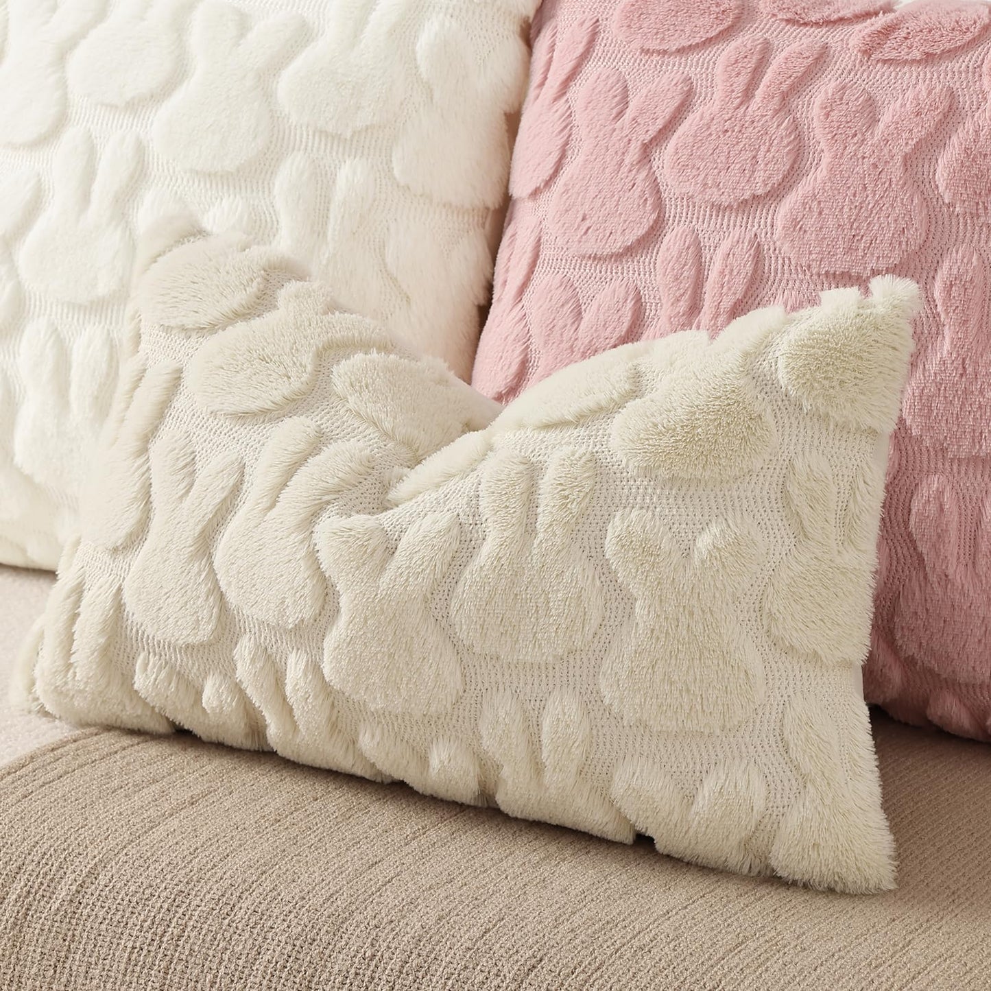 decorUhome Easter Bunny Pillow Covers 12x20 Inch Set of 2, Soft Plush Faux Wool Jacquard Beige Rabbit Cushion Covers, Farmhouse Neutral Spring Easter Holiday Decor for Couch Sofa Bed