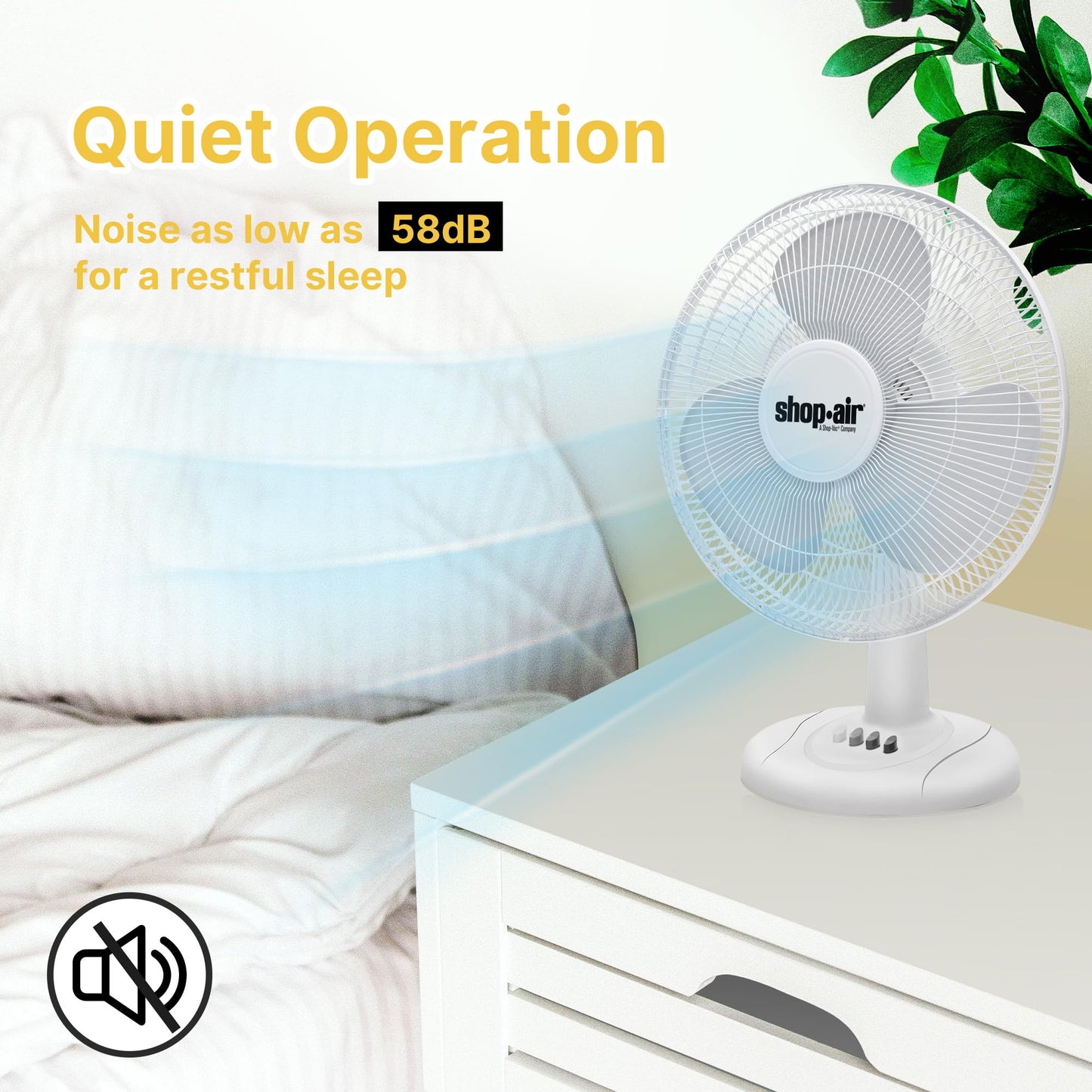 Shop-Air 12" Oscillating Table Fan, 3 Speeds, High-Velocity, Quiet & Powerful Air Circulation, 70° Adjustable Head Tilt,Ideal for Home, Bedroom or Office, White