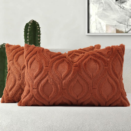 decorUhome Throw Pillow Covers 12x20 Inch Set of 2, Soft Plush Faux Wool Rust Solid Couch Pillow Covers, Accent Farmhouse Neutral Rectangle Pillow Cases for Sofa Bed Living Room