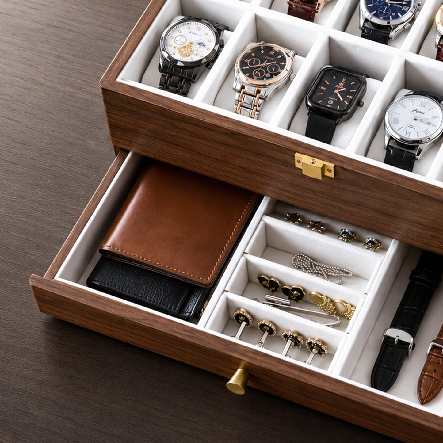 Black Walnut Watch Box for Men, 12 Slot Wooden Watch Organizer with Glass Lid, 2 Layer Watch Display Case with Drawer Jewelry Storage Box, Gift for Husband, Dad, Anniversary, Father’s Day, Women