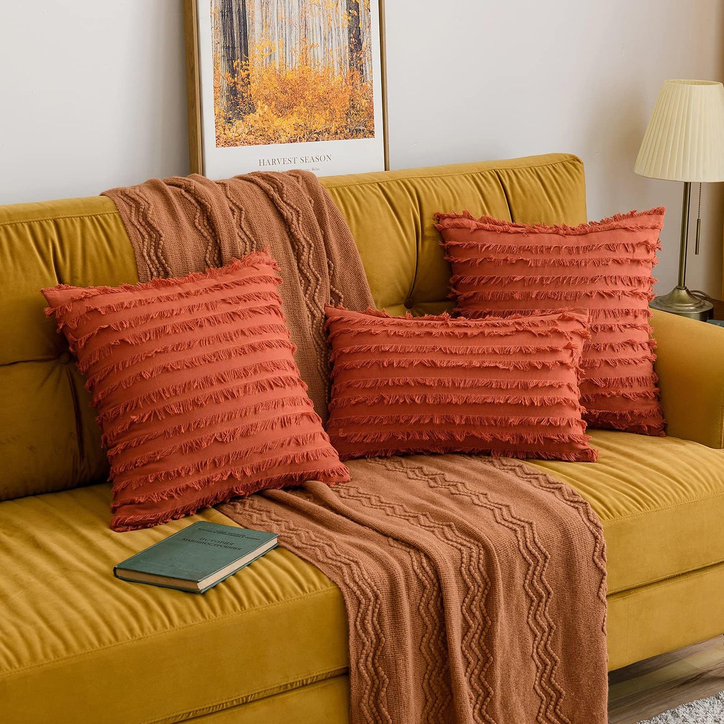 MIULEE Set of 2 Mustard Yellow Throw Pillow Covers Decorative Boho Spring Linen Striped Jacquard Pattern Cushion Covers for Spring Sofa Couch Living Room Bedroom 20x20 Inch