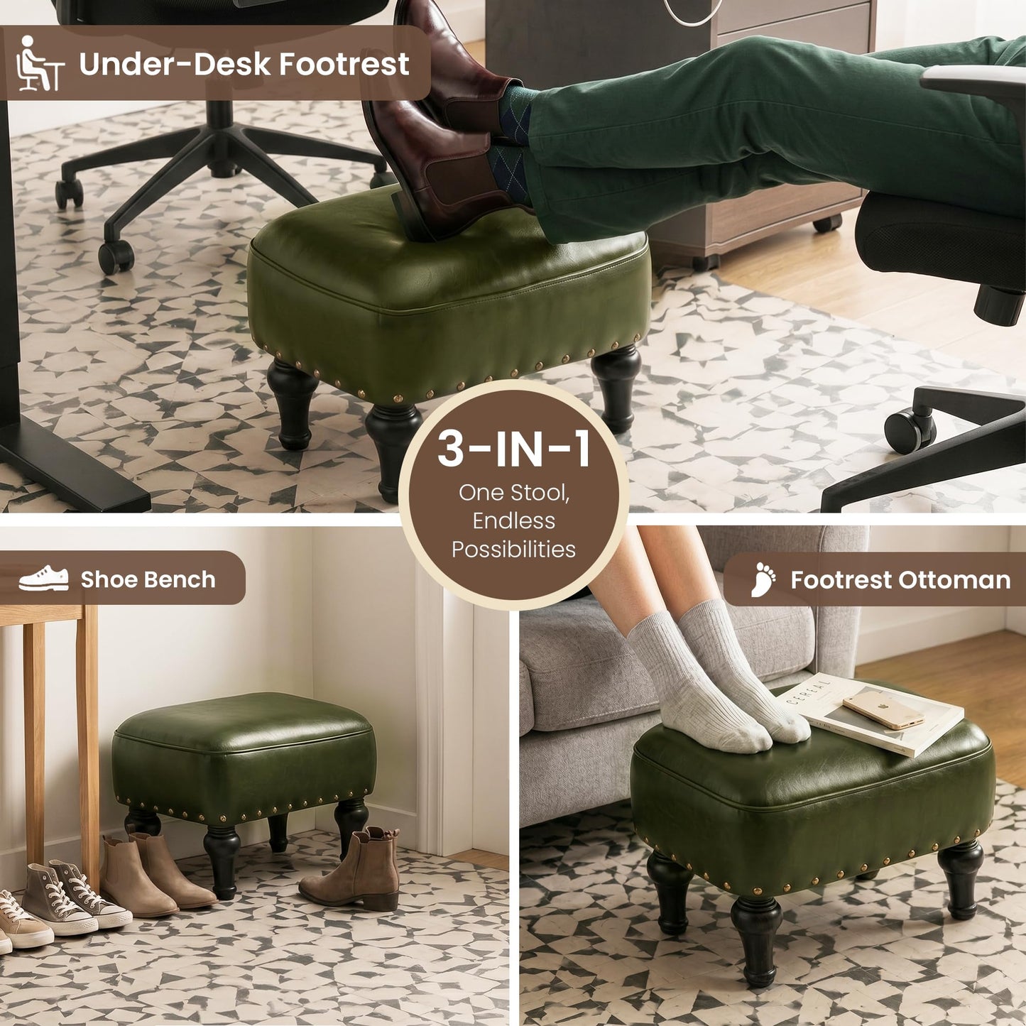 Cmishe Ottoman Leather Footrest, Vintage Footstool with Hidden Storage, Thickened Foam Upholstered Seat, Solid Beechwood Legs, Under Desk Shoe Bench Small Bench for Living Room Dining Room (Green)