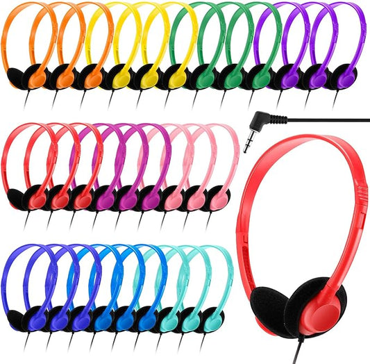 Yunsailing 30 Pack Bulk Headphones Set Over Ear Headphones with Adjustable Headband 3.5mm Plug Headsets Earphones for Learning Program, Computer Lab, Library, Testing & Multimedia Use (Colorful)