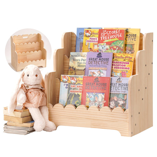 Kids Bookshelf Storage 3-Tier, Book Case for Kids Rooms, Scalloped Wooden Montessori Bookcase for Toddlers & Baby, Small Nursery & Classroom Book Shelves, Solid Wood Organizer