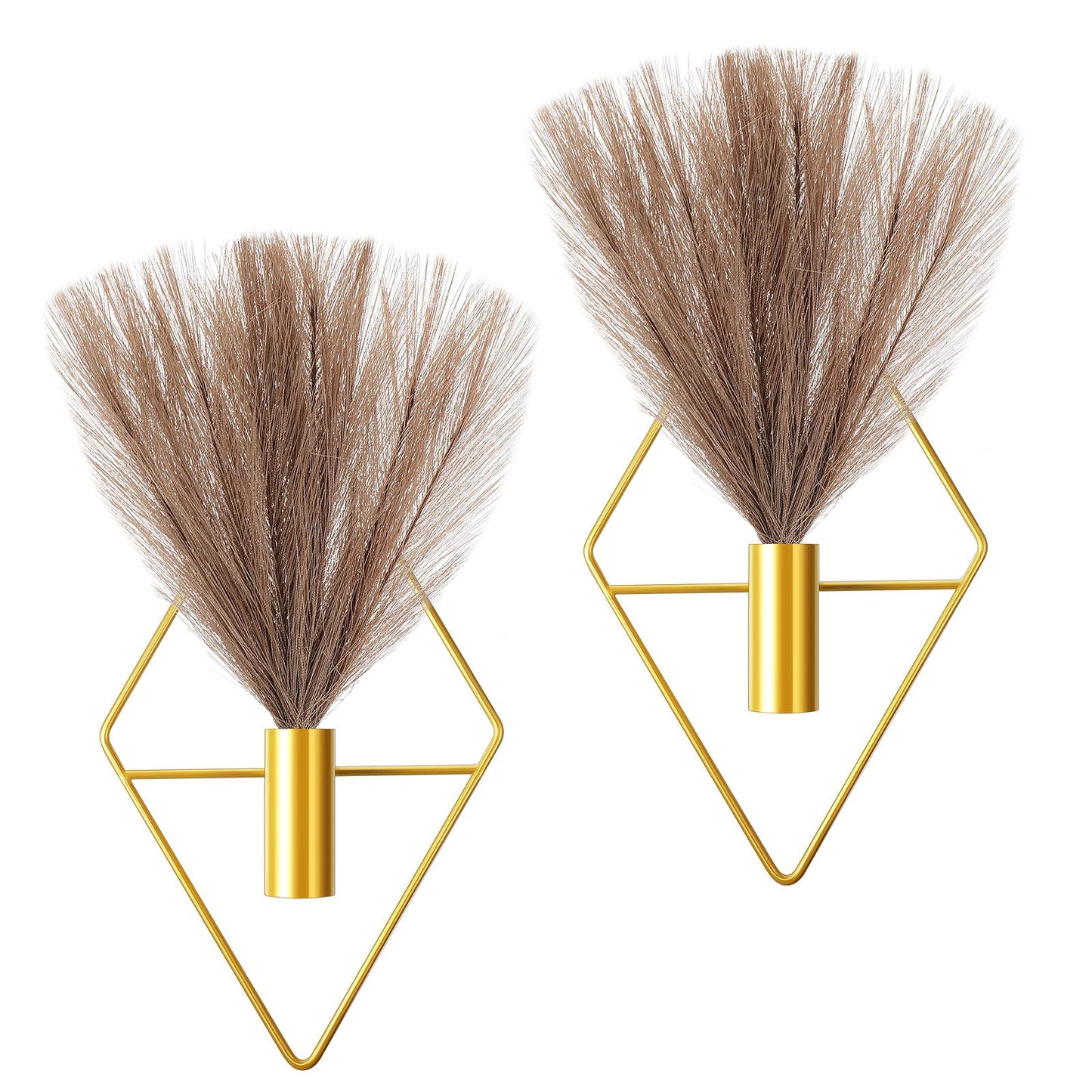 Jexine 2 Pcs Hanging Planters with Artificial Plants Metal Hanging Vase Indoor Plants Holder Modern Geometric Boho Wall Decor for Living Room Home Office(Gold, Brown Pampas)