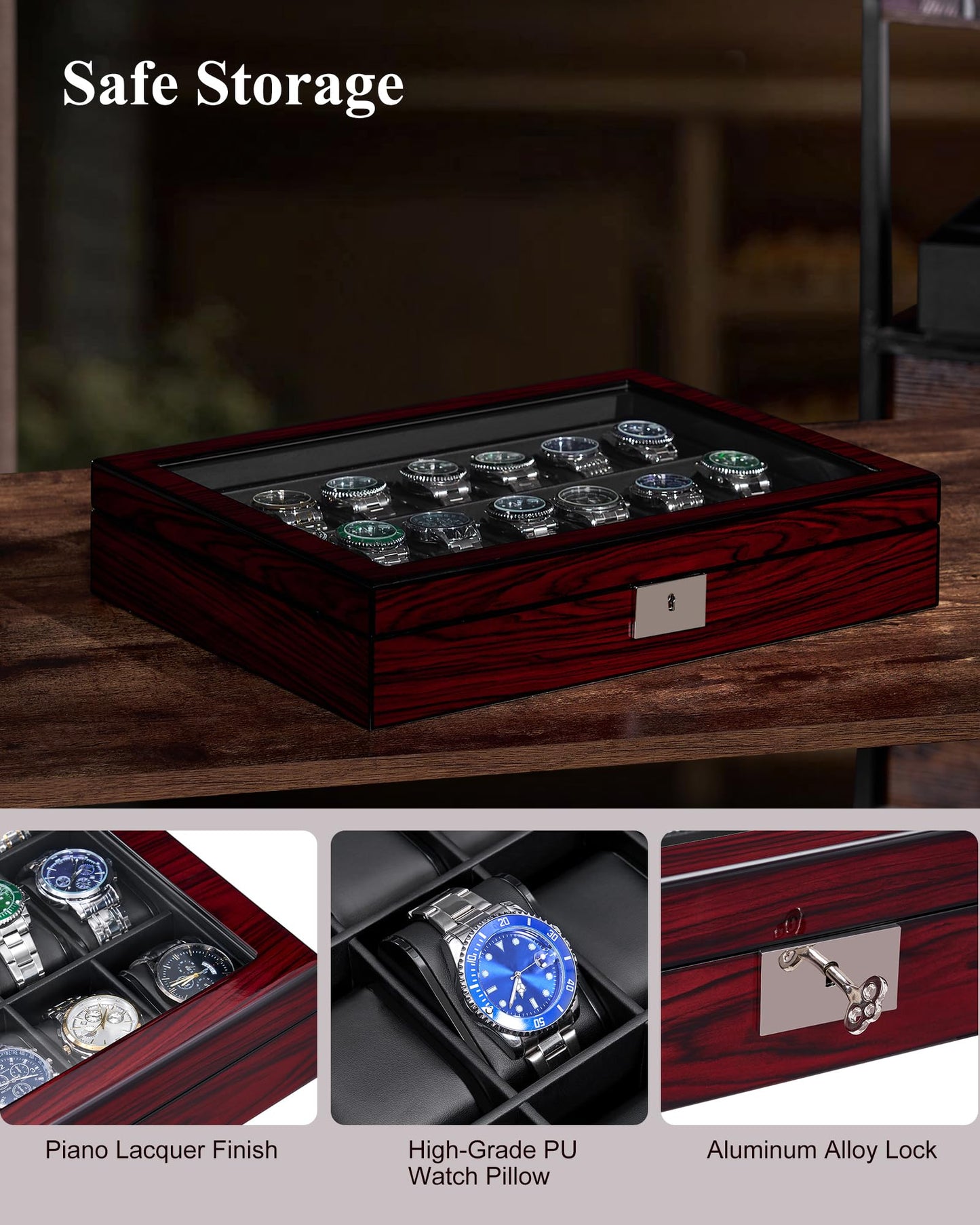 ANWBROAD 21 Slot Watch Cases for Men Watch Box with Large Glass Lid Lockable Wood Watch Display Case Watch Organizer Giftable Elegant Watch Holder Fathers Day UJWB004Y