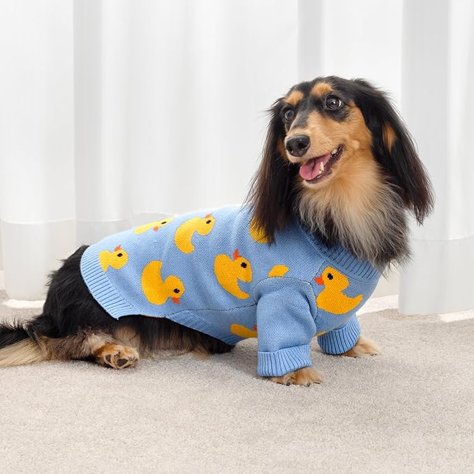 Fitwarm Funny Duck Dog Sweater, Thermal Dog Winter Clothes for Small Dogs Boy Girl, Pet Outfit, Blue, Yellow, Medium