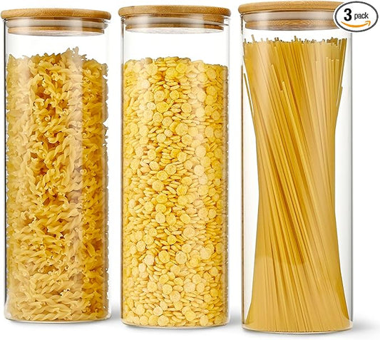 D2scrma 70oz Straight cylindrical Airtight Storage Jars with Bamboo Lid Set of 3 Storage Container Glass Jars, Kitchen Canister for Noodles, Pasta and Coffee beans (‎with Black Lable)