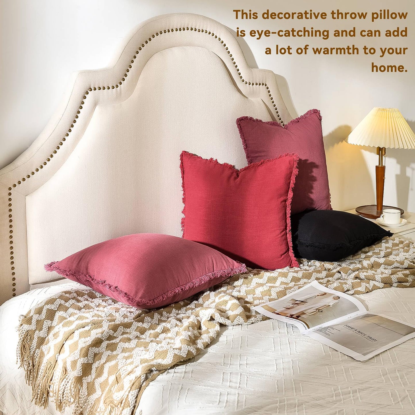 AmHoo Pack of 2 Linen Pillow Covers with Tassels Fringed Decorative Rustic Natural Throw Pillowcase Cushion for Couch Sofa Bedroom 18 x 18-Inch Jester Red