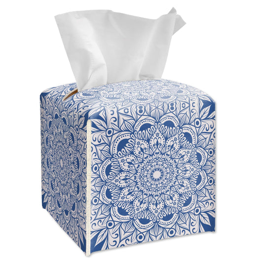 Boho Mandala Flower Tissue Box Cover Square, Blue and White Leather Tissue Box Holder with Bottom Belt, Boho Home Decoration for Bathroom Vanity Countertop, Nightstands, Dining Table, Office, Car -28