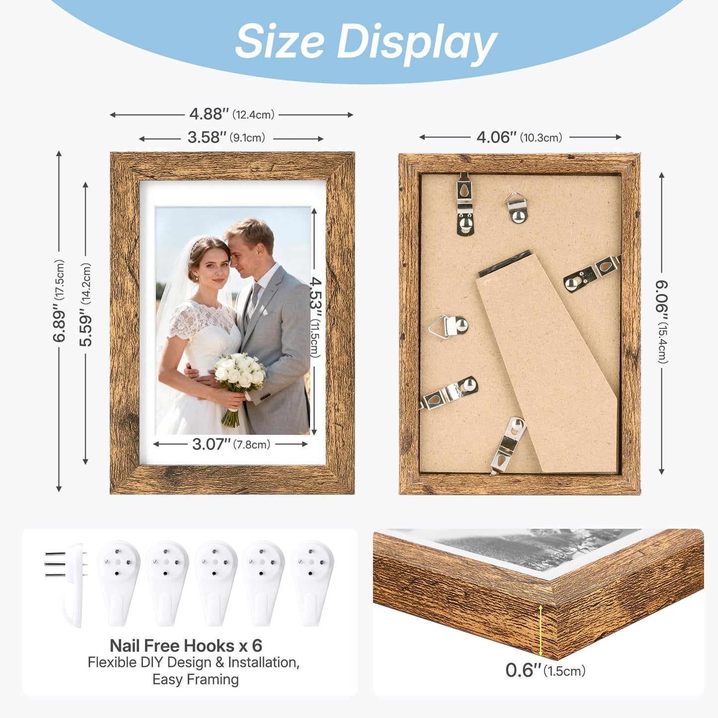 HOUSE DAY Wood 4x6 picture frame, Wooden Picture Frames 4x6 Frame with Real Glass, Rustic 4 x 6 Picture Frame for Wall or Tabletop, Display Picture 4x 6 Without Mat or 3.5x5 with Mat (5 Brown)