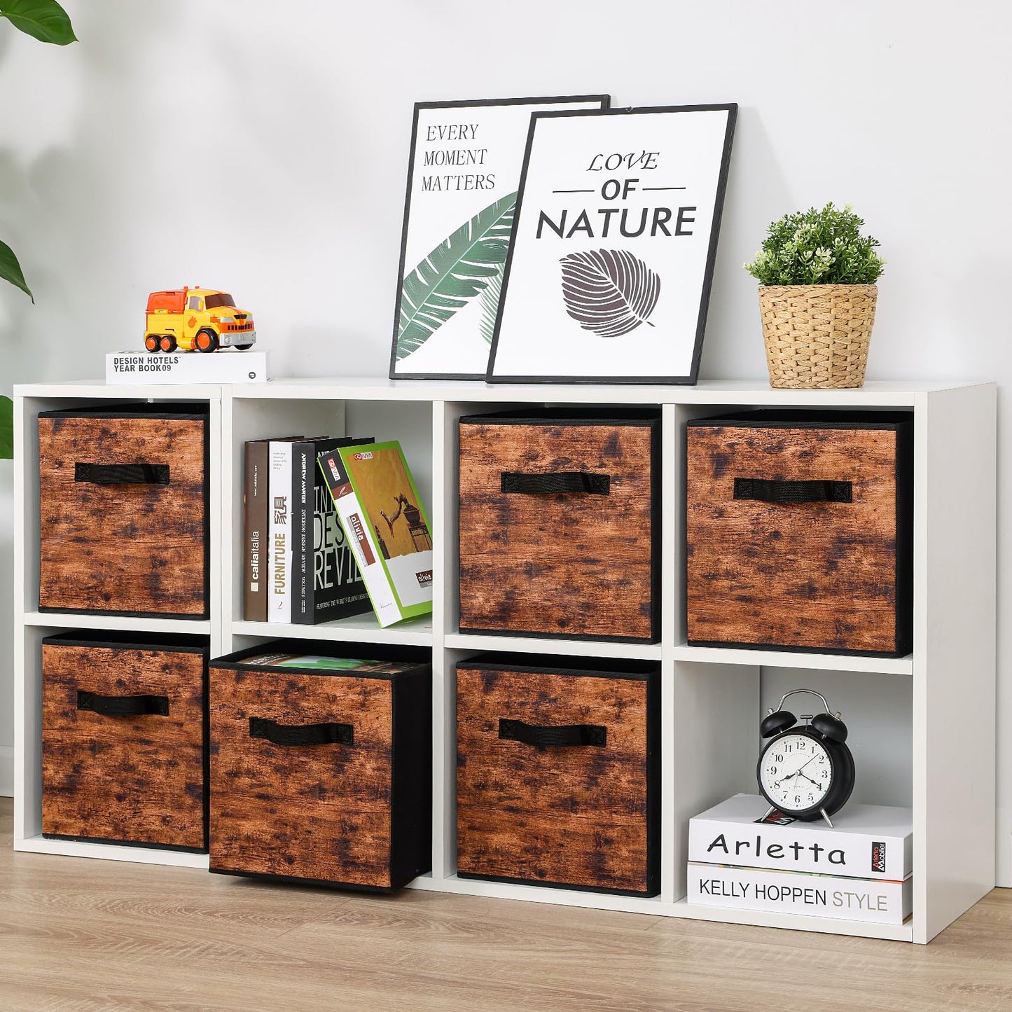 Stero Fabric Storage Cubes, 6 Pack Foldable Storage Bins with Handle, 11 Inch Box for Shelves, Closet, Organizer, Rustic Brown and Black