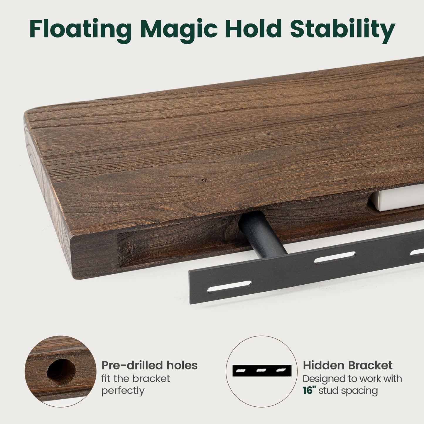 KovaScape 24 Inch Flat Edge Floating Shelves, 8 Inch Deep Solid Elm Wood Wall Shelf, Heavy-Duty Wall Mounted Shelf with Invisible Brackets for Living Room, Bathroom, Kitchen, Set of 2, Walnut Color