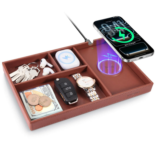 Investme Valet Tray, Built in Wireless Charger, Nightstand Organizer, Mens Jewelry Box, Dresser Organizer, Valet Charging Station, Faux Leather Valet Tray for Men and Women, Brown