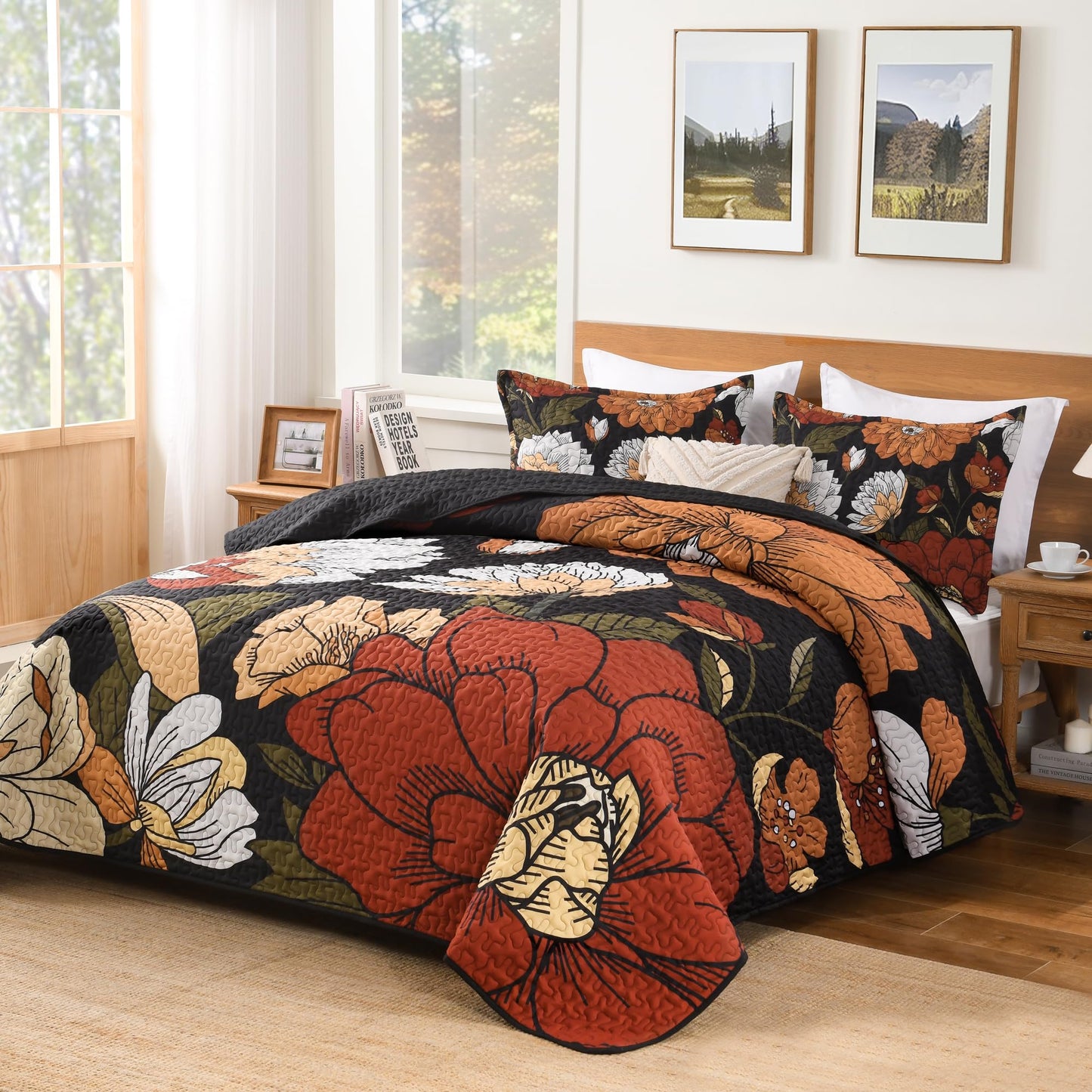 Andency Floral Boho Quilt King Size Bedding Set Black, 3 Pieces Farmhouse Flower Botanical Summer Bedspreads with 2 Shams, Soft Reversible Lightweight Polyester Coverlet Set for All Season, 106"x96"