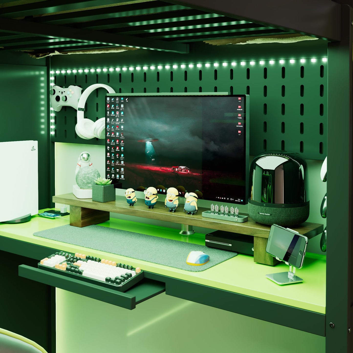 Merax Wood Loft Bed with Wardrobe,Shelves,Blackout Curtains and RGB Lights, Full Size, Black+Green